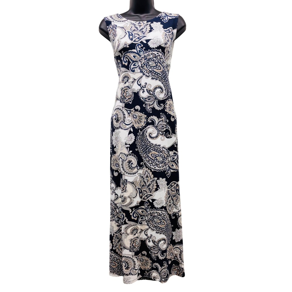 J. Jill Wearever Paisley Maxi Dress Navy Blue Cream Sleeveless XL Petite